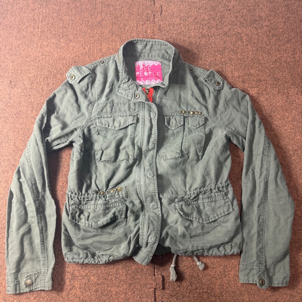 Free People Olive Green Linen Blend Military Utility Field Jacket Studded Size 8